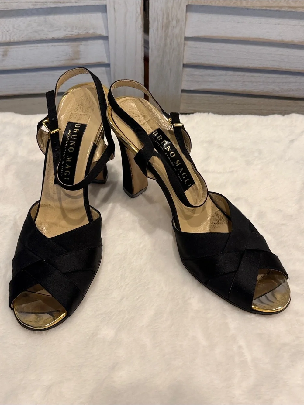 Bruno Magli Black Satin Crisscross Peep Toe Slingback Heels